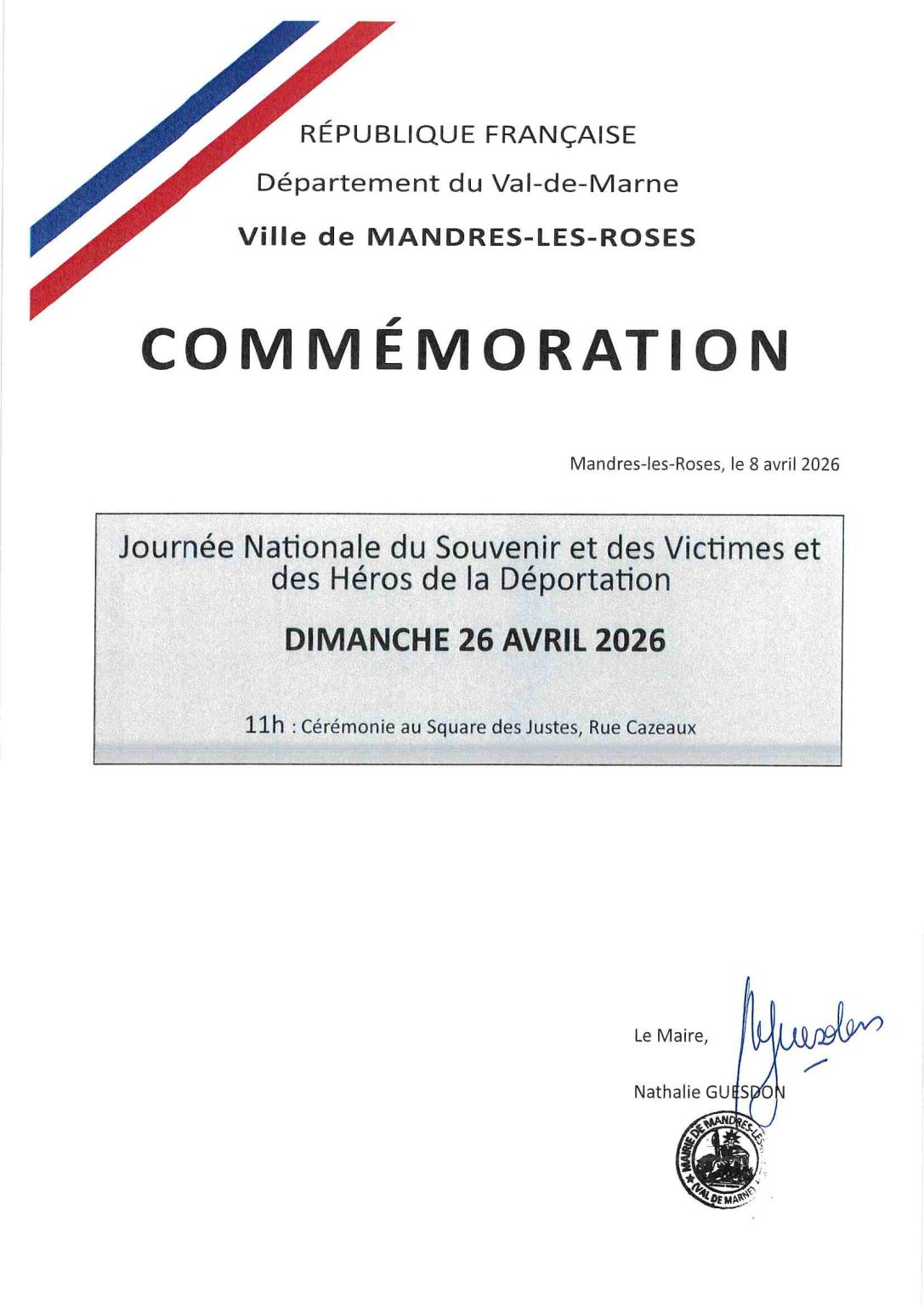 Commémoration du 26 avril 2026 - Ville de Mandres les Roses